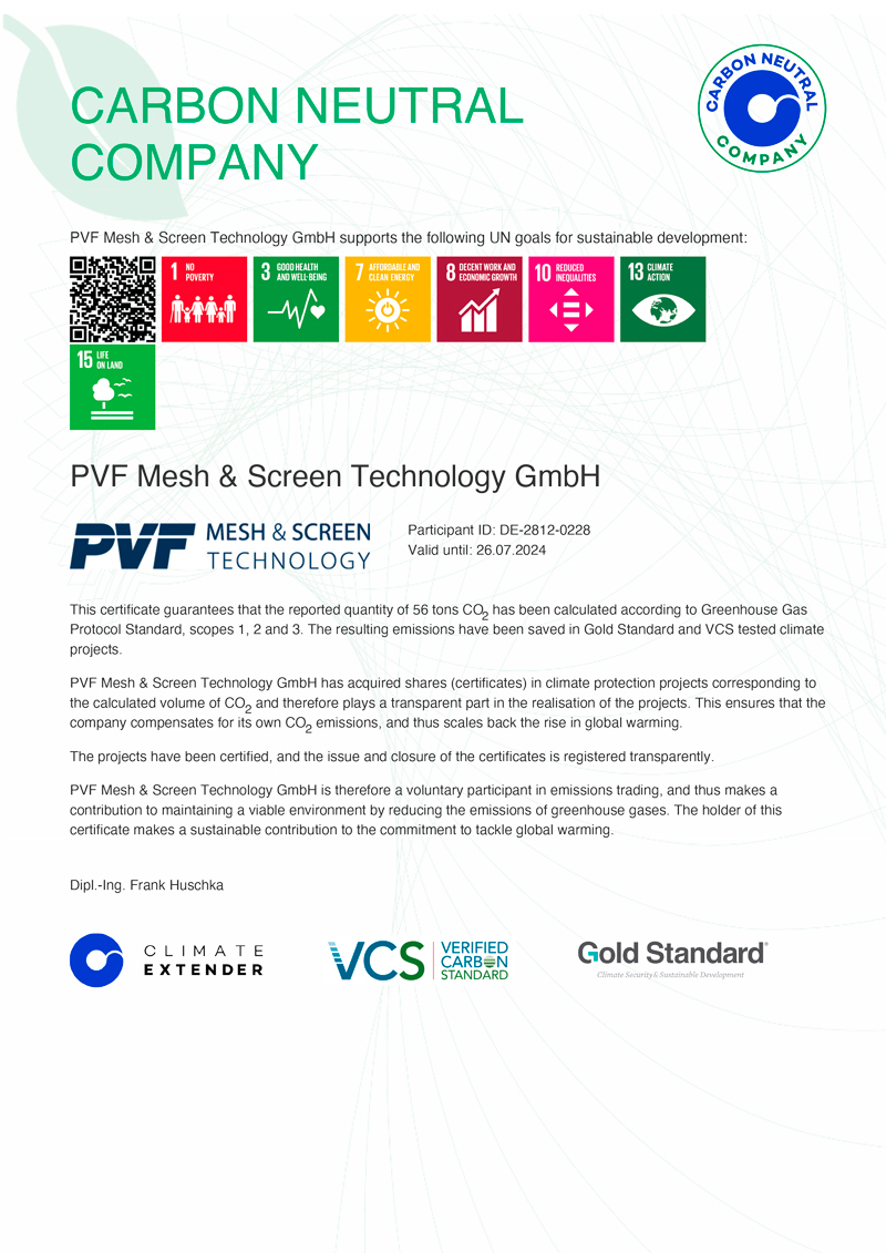 Certificate Carbon Neutral Company | PVF Mesh & Screen Technology GmbH