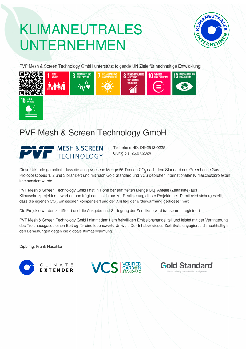 Zertifikat Klimaneutrales Unternehmen | PVF Mesh & Screen Technology GmbH